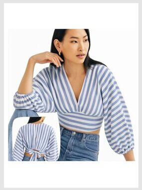 Anthropologie Dolan Crop Tie Front Blouse Blue White Striped Balloon Sleeve S